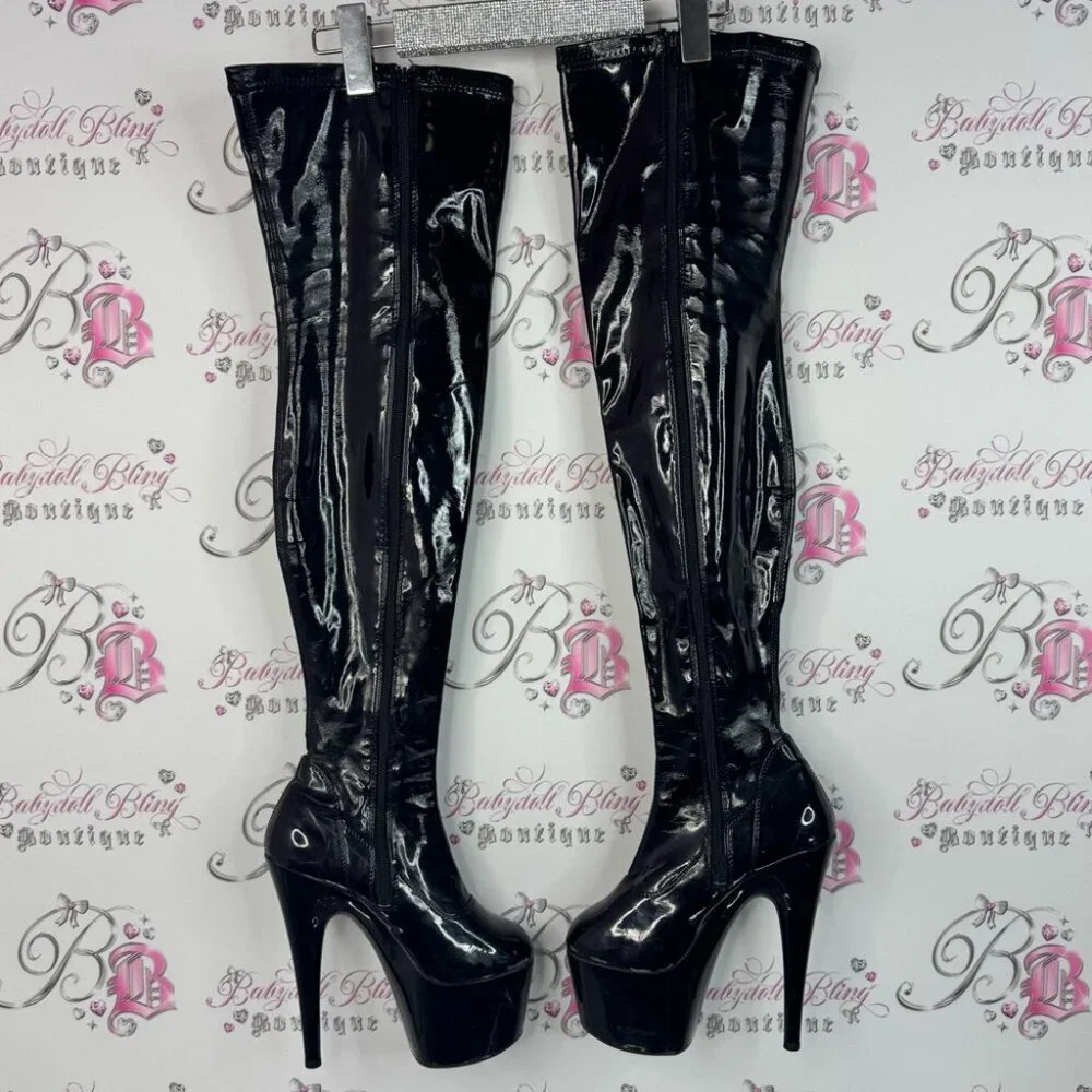 Thigh high heel boots shiny exotic dance Black Patent Leather Thigh-High Boots